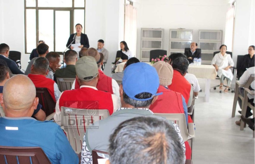 Minister Salhoutuonuo Kruse speaking during the inaugural programme of innovative Farmers Demo Park at Botsa, Kohima on April 4. (DIPR Photo)
